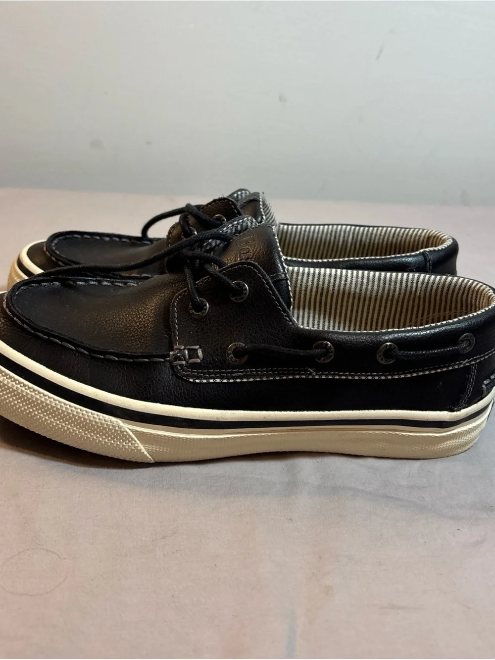 Bass Black and White Leather Boat Shoes